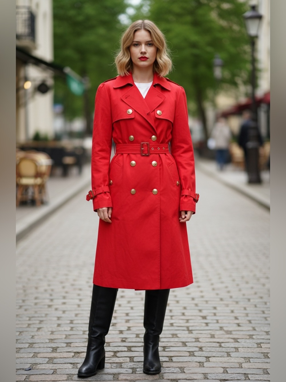 Burberry Red Double-Breasted Trench Coat with Gold Buttons - Picture 4 of 10